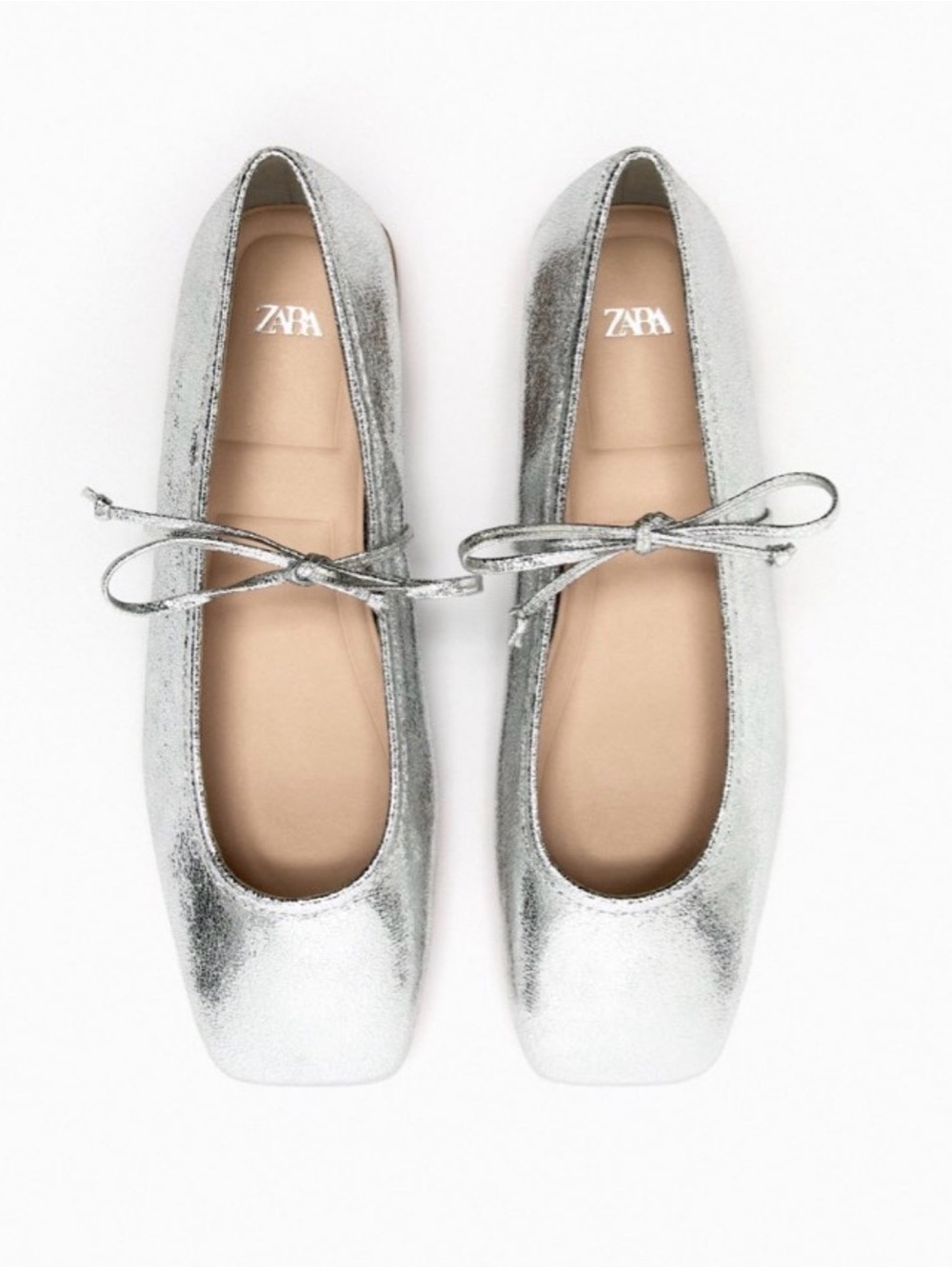 Zara Metallic Silver Ballet Flats with Bow Trim